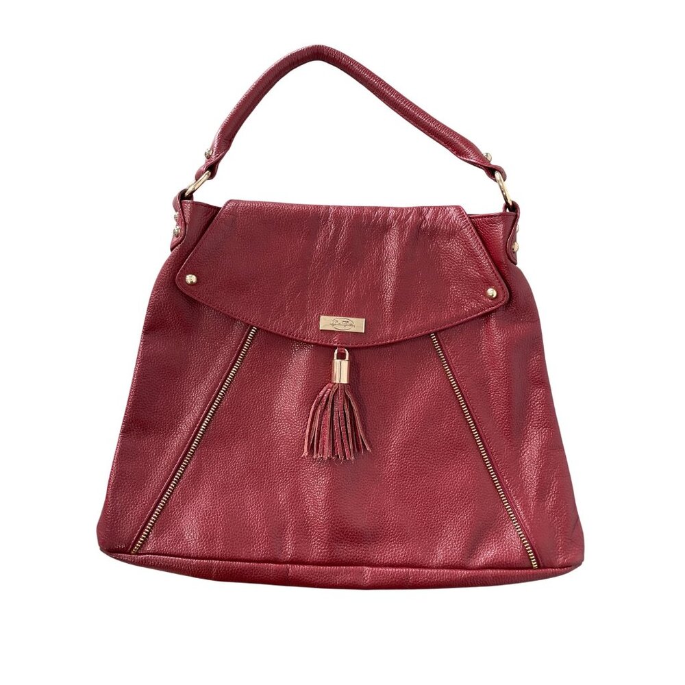 Onna Ehrlich Pebbled Leather Kelly Shoulder Hobo Bag Tassel Red Silver Office